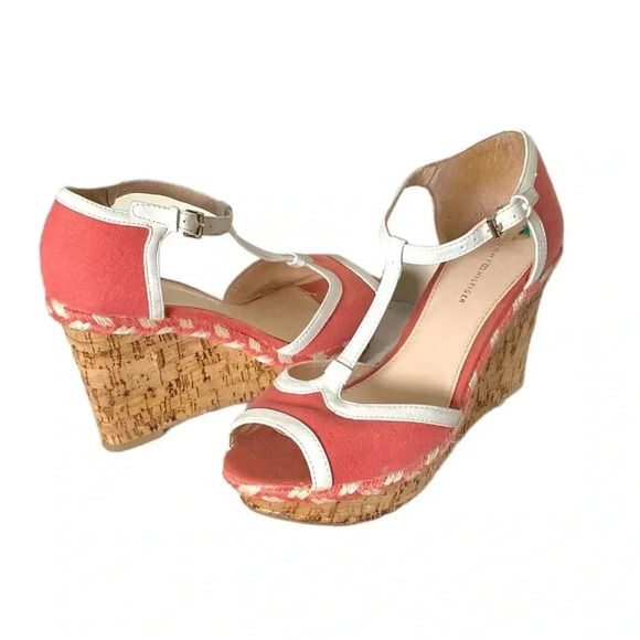 TOMMY HILFIGER | Women’s Dacey Coral Canvas Sandals Peep Toe Cork Wedge Size 8 - Picture 6 of 9